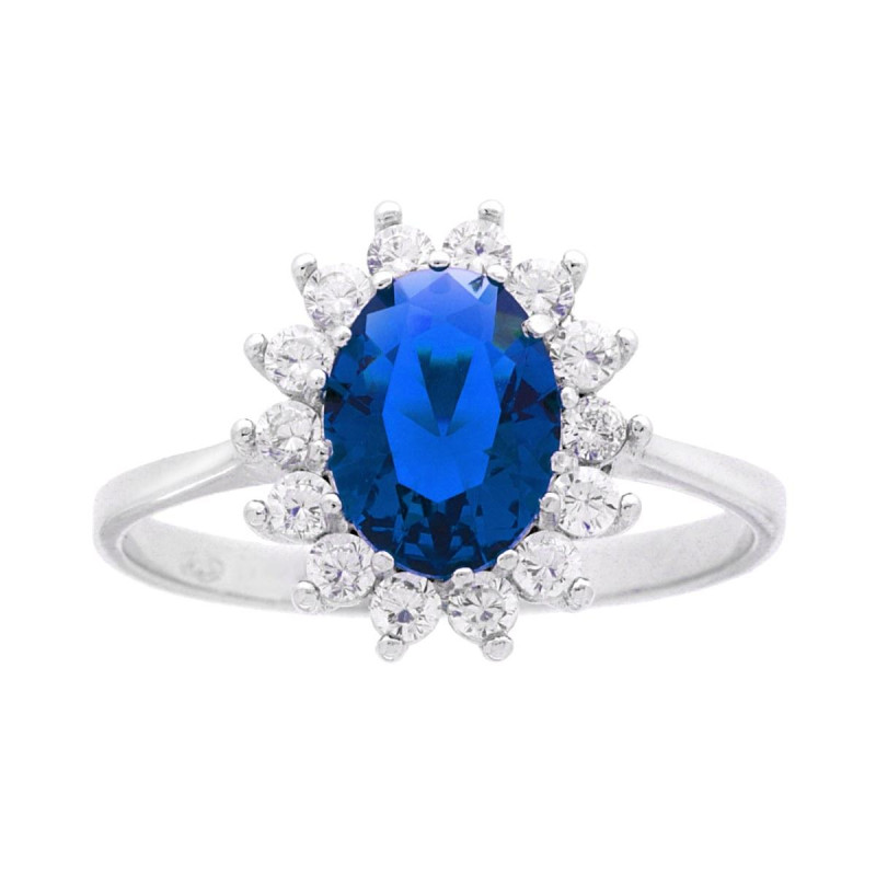 ANELLO HALO SOLITARIO OVALE ZIRCONE BLU ZAFFIRO CONTORNATO CON ZIRCONI BIANCHI IN ARGENTO 925 GALVANICA RODIO