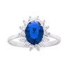 ANELLO HALO SOLITARIO OVALE ZIRCONE BLU ZAFFIRO CONTORNATO CON ZIRCONI BIANCHI IN ARGENTO 925 GALVANICA RODIO