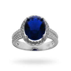 ANELLO OVALE ZAFFIRO CON ZIRCONI IN ARGENTO 925 RODIATO