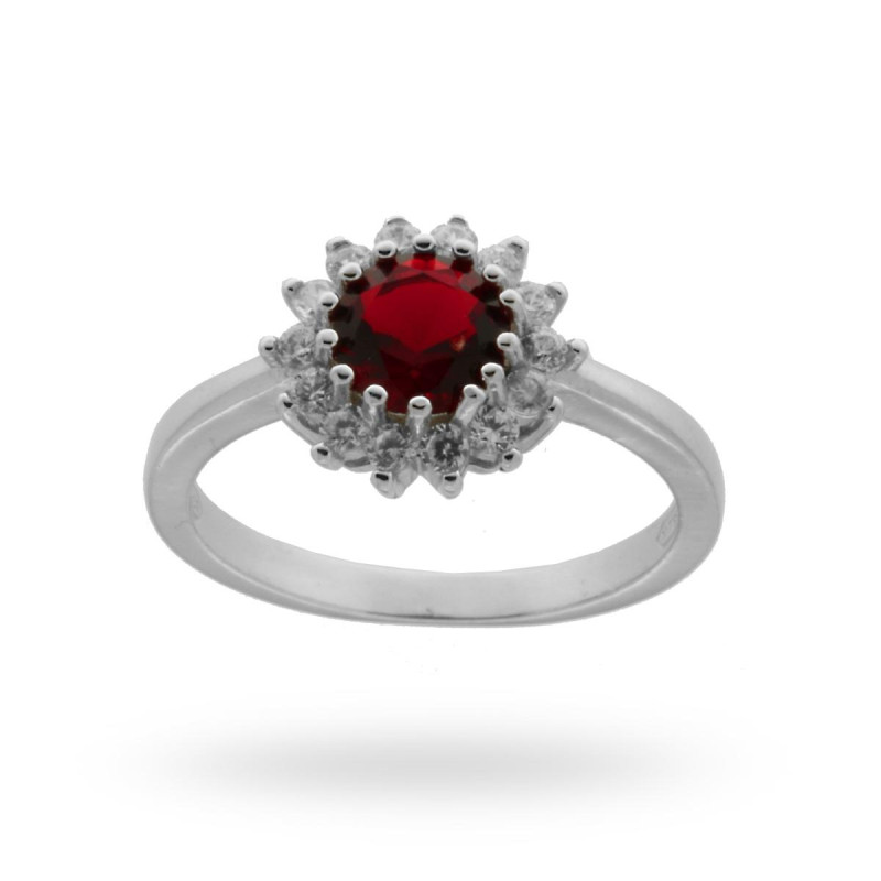 ANELLO SOLITARIO CON ZIRCONE TONDO COLORE RUBINO E ZIRCONI IN ARGENTO 925