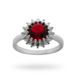 ANELLO SOLITARIO CON ZIRCONE TONDO COLORE RUBINO E ZIRCONI IN ARGENTO 925