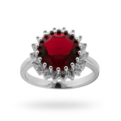 ANELLO SOLITARIO CON ZIRCONE TONDO COLORE RUBINO E ZIRCONI IN ARGENTO 925