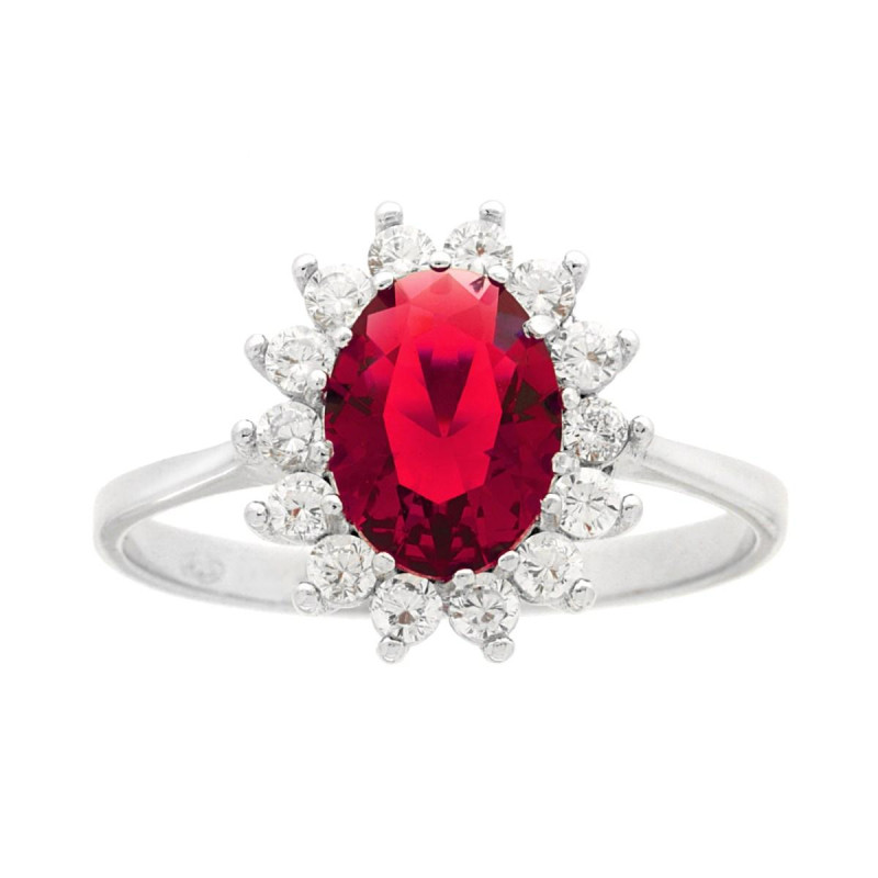 ANELLO HALO SOLITARIO OVALE ZIRCONE ROSSO RUBINO CONTORNATO CON ZIRCONI BIANCHI IN ARGENTO 925 GALVANICA RODIO