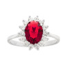 ANELLO HALO SOLITARIO OVALE ZIRCONE ROSSO RUBINO CONTORNATO CON ZIRCONI BIANCHI IN ARGENTO 925 GALVANICA RODIO
