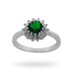 ANELLO SOLITARIO CON ZIRCONE TONDO COLORE SMERALDO E ZIRCONI IN ARGENTO 925