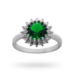 ANELLO SOLITARIO CON ZIRCONE TONDO COLORE SMERALDO E ZIRCONI IN ARGENTO 925