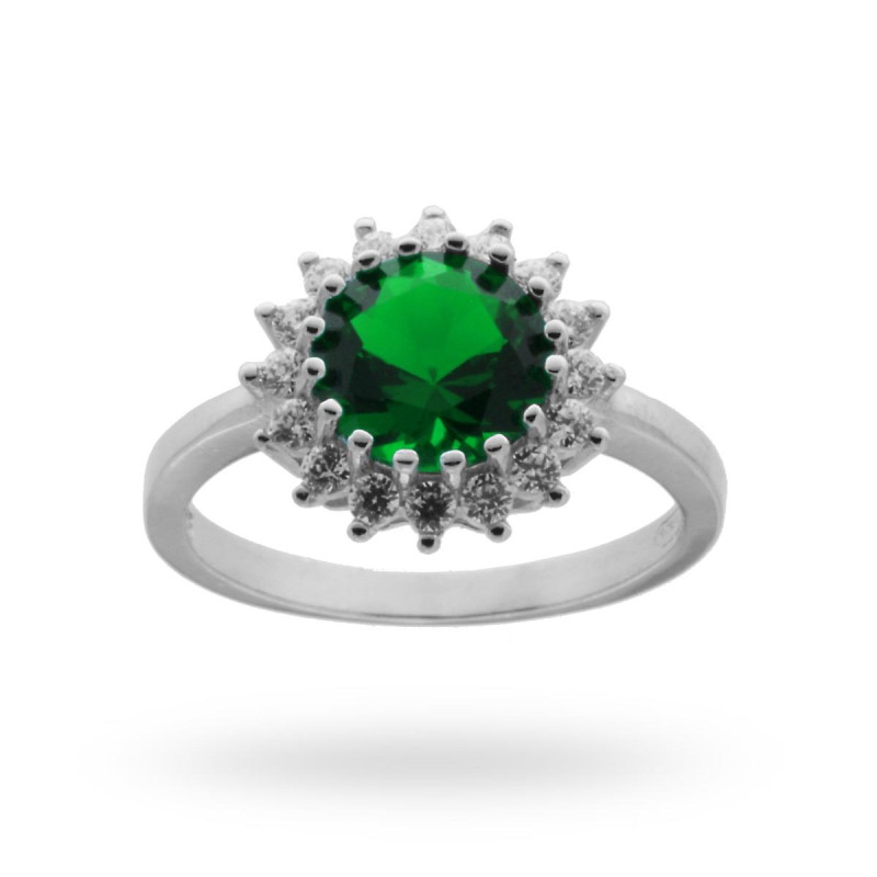 ANELLO SOLITARIO CON ZIRCONE TONDO COLORE SMERALDO E ZIRCONI IN ARGENTO 925