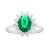 ANELLO HALO SOLITARIO OVALE VERDE SMERALDO CONTORNATO CON ZIRCONI BIANCHI IN ARGENTO 925 GALVANICA RODIO