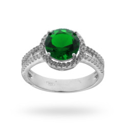 ANELLO SOLITARIO CON ZIRCONE TONDO COLORE SMERALDO E ZIRCONI IN ARGENTO 925 RODIATO