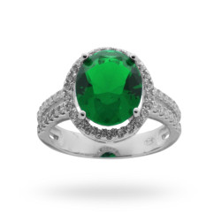 ANELLO OVALE SMERALDO CON ZIRCONI IN ARGENTO 925 RODIATO