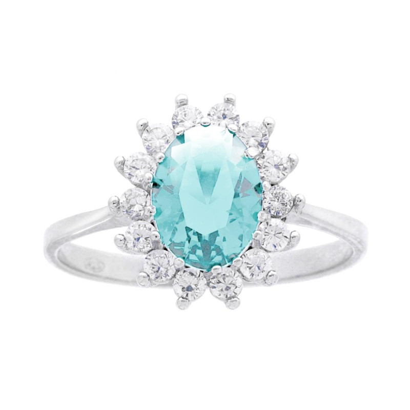 ANELLO HALO SOLITARIO OVALE ZIRCONE ACQUAMARINA CONTORNATO CON ZIRCONI BIANCHI IN ARGENTO 925 GALVANICA RODIO