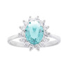 ANELLO HALO SOLITARIO OVALE ZIRCONE ACQUAMARINA CONTORNATO CON ZIRCONI BIANCHI IN ARGENTO 925 GALVANICA RODIO