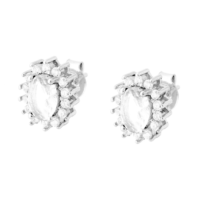 ORECCHINI CON ZIRCONE OVALE BIANCO CONTORNATO CON ZIRCONI BIANCHI IN ARGENTO 925 GALVANICA RODIO