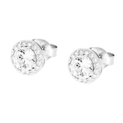 ORECCHINI FORMA TONDA CON ZIRCONE BIANCO CONTORNATO CON ZIRCONI BIANCHI IN ARGENTO 925 GALVANICA RODIO