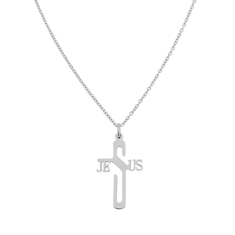 COLLANA CATENA FORZATINA CON CROCE CON SCRITTA JESUS IN ACCIAIO