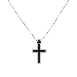 COLLANA CON PENDENTE A FORMA DI CROCE COLORE ACCIAIO E NERO IN ACCIAIO