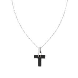 COLLANA CATENA FORZATINA CON CROCE INSERTO CERAMICA NERA QUADRETTATA E CRYSTAL NERO IN ACCIAIO