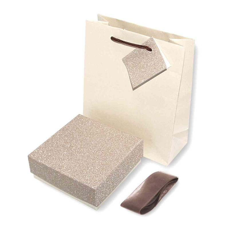 ASTUCCIO MULTIUSO PER GIOIELLI CM 9,7 X 9,7 X H 3,9 COLORE BEIGE E ORO GLITTER CON NASTRO RASO MARRONE CON SHOPPER INCLUSA