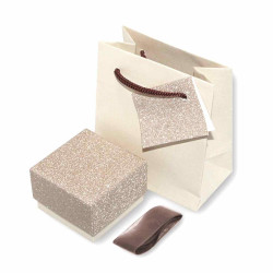 ASTUCCIO MULTIUSO PER GIOIELLI CM 5,6 X 5,6 X H 3,9 COLORE BEIGE E ORO GLITTER CON NASTRO RASO MARRONE CON SHOPPER INCLUSA