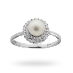 ANELLO CON PERLA BIANCA E ZIRCONI BIANCHI IN ARGENTO 925 RODIATO