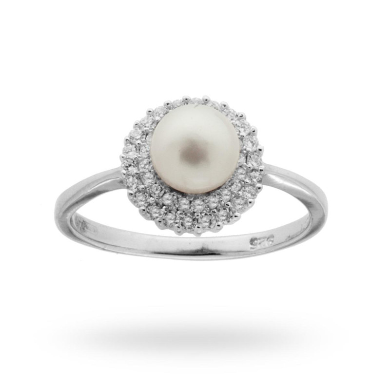 ANELLO CON PERLA BIANCA E ZIRCONI BIANCHI IN ARGENTO 925 RODIATO
