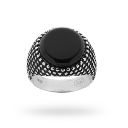 ANELLO CHEVALIER PALLINATO CON PIETRA NERA IN ARGENTO 925 GALVANICA RODIO BRUNITO