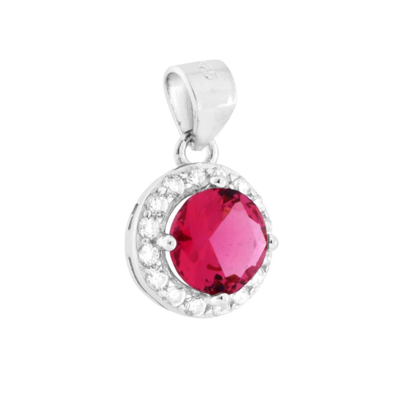 CIONDOLO TONDO ROSSO RUBINO CON CUBIC ZIRCONIA BIANCHI IN ARGENTO 925 GALVANICA RODIO