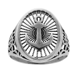 ANELLO CHEVALIER OVALE CON ANCORA DECORAZIONE TRAFORATA IN ARGENTO 925 GALVANICA RODIO BRUNITO
