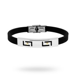 BRACCIALE IN PVC NERO E TARGA CON DISEGNO GEOMETRICO E PUNTI ORO IN ACCIAIO