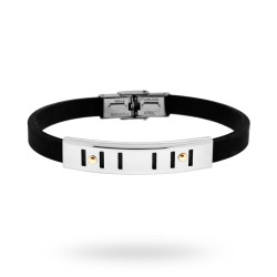 BRACCIALE IN PVC NERO E TARGA CON DISEGNO GEOMETRICO E PUNTI ORO IN ACCIAIO