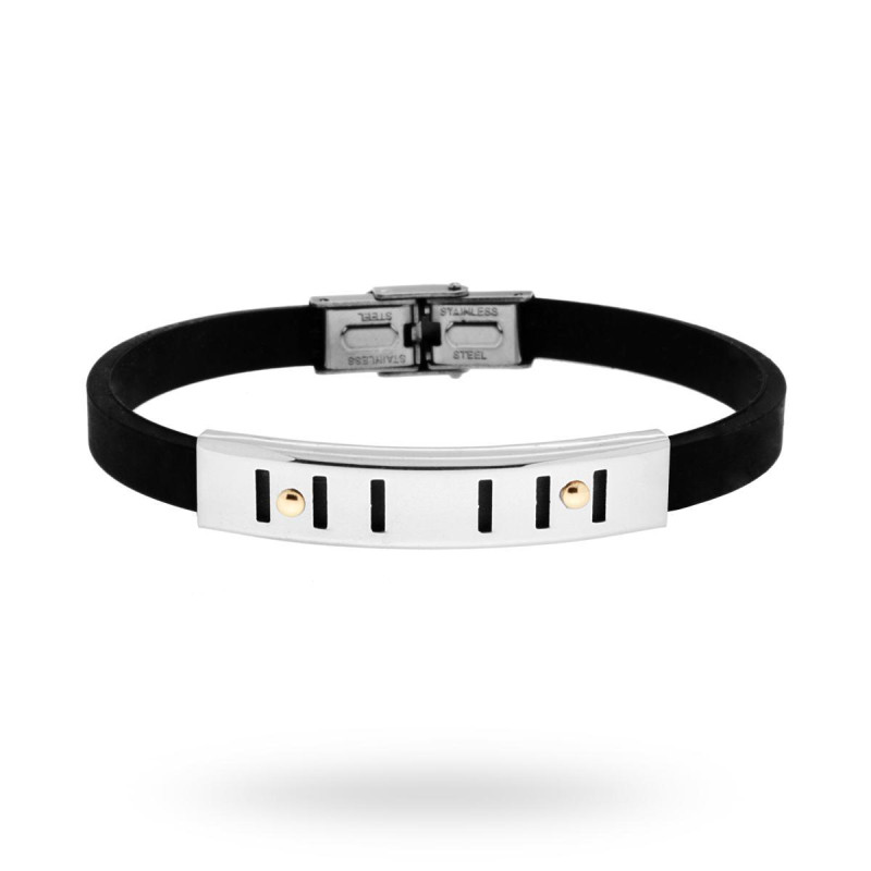 BRACCIALE IN PVC NERO E TARGA CON DISEGNO GEOMETRICO E PUNTI ORO IN ACCIAIO