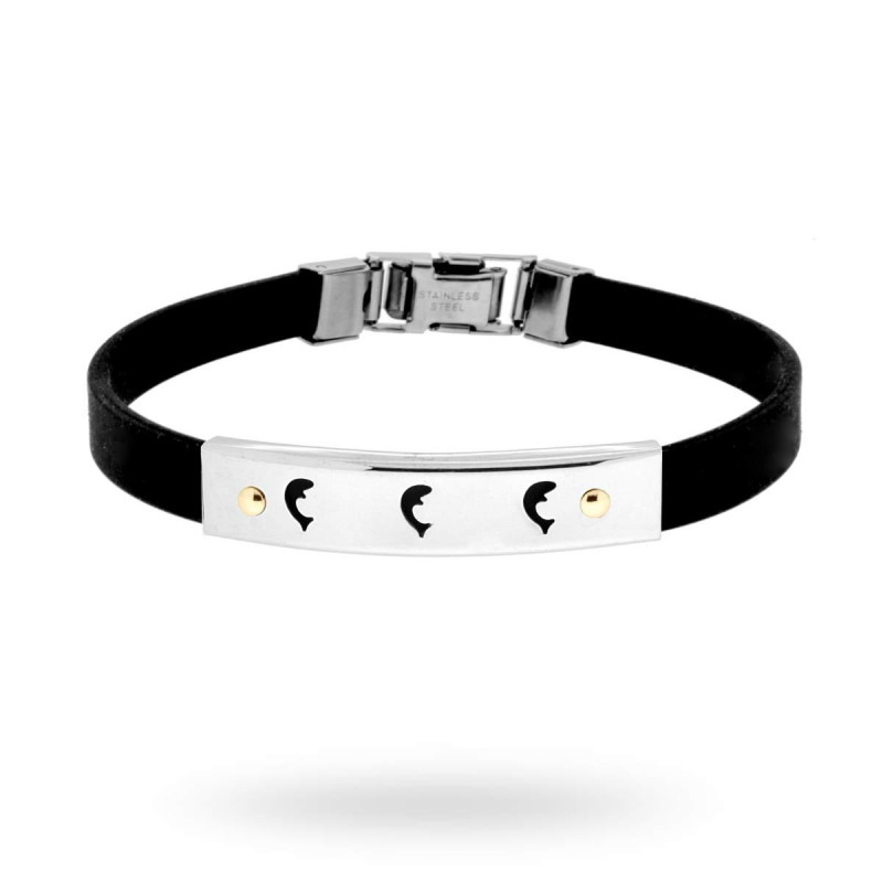 BRACCIALE IN PVC NERO E TARGA CON DELFINI E PUNTI ORO IN ACCIAIO