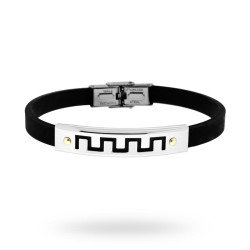 BRACCIALE IN PVC NERO E TARGA CON DISEGNO GEOMETRICO E PUNTI ORO IN ACCIAIO