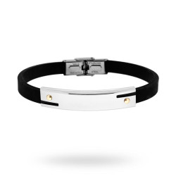 BRACCIALE IN PVC NERO E TARGA CON DISEGNO GEOMETRICO E PUNTI ORO IN ACCIAIO