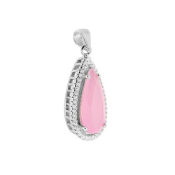 CIONDOLO GOCCIA CON PIETRA ROSA SFACCETTATA CONTORNATA CON ZIRCONI BIANCHI IN ARGENTO 925 GALVANICA RODIO