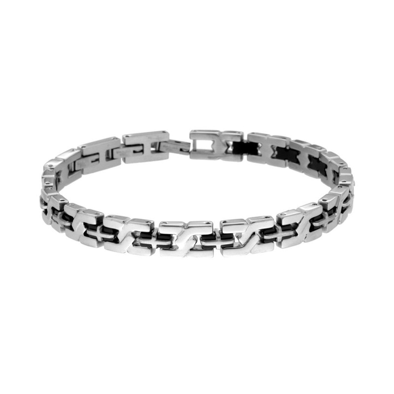 BRACCIALE UOMO MAGLIA IMPERNIATA CON CATENA ACCIAIO E NERO CON CROCI IN ACCIAIO