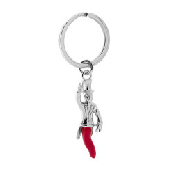 PORTACHIAVI UOMO DONNA AD ANELLO CON SOGGETTO PORTAFORTUNA A FORMA DI CORNO ROSSO CON OMINO CON CORNA IN ACCIAIO