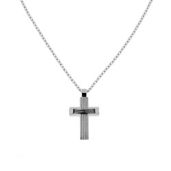 COLLANA CATENA FORZATINA DIAMANTATA CON PENDENTE A FORMA DI CROCE IN ACCIAIO