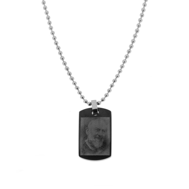 COLLANA CON PENDENTE A FORMA RETTANGOLARE COLORE NERO CON INCISIONE PADRE PIO IN ACCIAIO