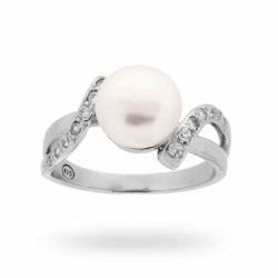 ANELLO CON PERLA BIANCA MM 9 E ZIRCONI BIANCHI IN ARGENTO 925 GALVANICA RODIO