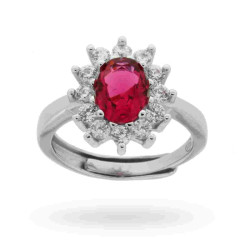 ANELLO HALO SOLITARIO A GRIFFE CON ZIRCONE OVALE ROSSO RUBINO CONTORNATO CON ZIRCONI BIANCHI IN ARGENTO 925 RODIATO