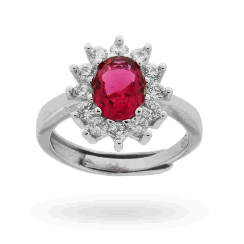 ANELLO HALO SOLITARIO A GRIFFE CON ZIRCONE OVALE ROSSO RUBINO CONTORNATO CON ZIRCONI BIANCHI IN ARGENTO 925 RODIATO