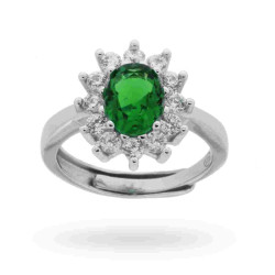 ANELLO SOLITARIO A GRIFFE CON ZIRCONE OVALE VERDE SMERALDO CONTORNATO CON ZIRCONI BIANCHI IN ARGENTO 925 RODIATO