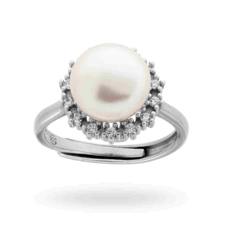 ANELLO CON PERLA BIANCA MM 10 E ZIRCONI BIANCHI IN ARGENTO 925 RODIATO
