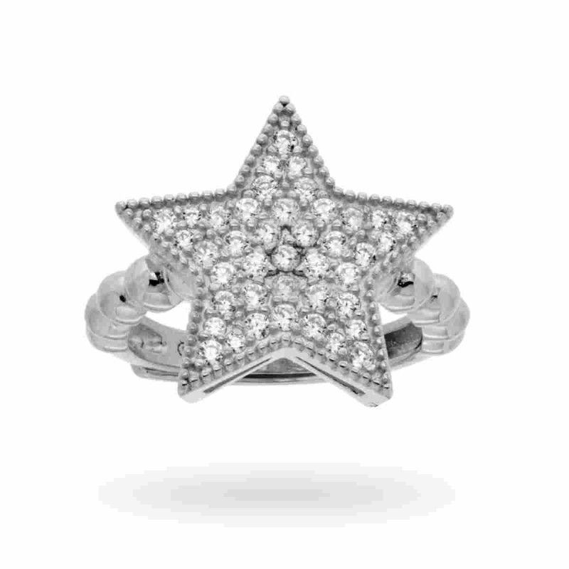 ANELLO CHEVALIER CON STELLA E ZIRCONI BIANCHI IN ARGENTO 925 RODIATO