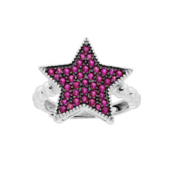 ANELLO CHEVALIER CON STELLA E ZIRCONI ROSSO RUBINO IN ARGENTO 925 GALVANICA RODIO