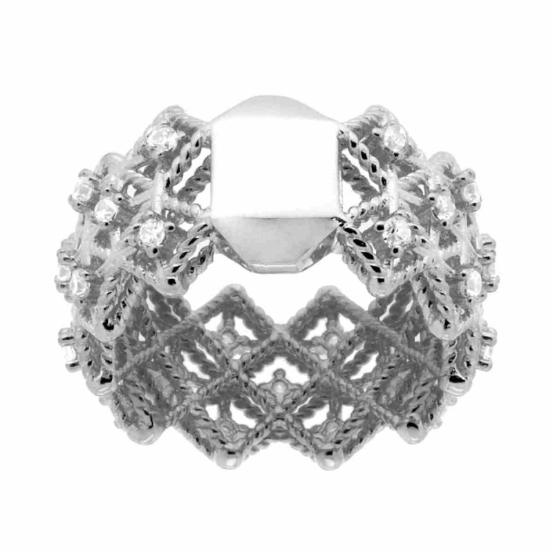 ANELLO FASCIONE CON LAVORAZIONE FILIGRANA E ZIRCONI BIANCHI IN ARGENTO 925 GALVANICA RODIO