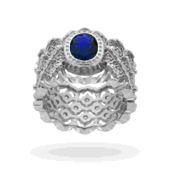 ANELLO FASCIONE CON LAVORAZIONE FILIGRANA E ZIRCONI BIANCHI CON ZIRCONE OVALE BLU ZAFFIRO IN ARGENTO 925 RODIATO