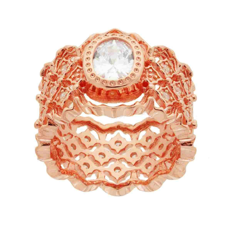 ANELLO FASCIONE CON LAVORAZIONE FILIGRANA E ZIRCONI BIANCHI CON ZIRCONE OVALE BIANCO IN ARGENTO 925 GALVANICA ROSA