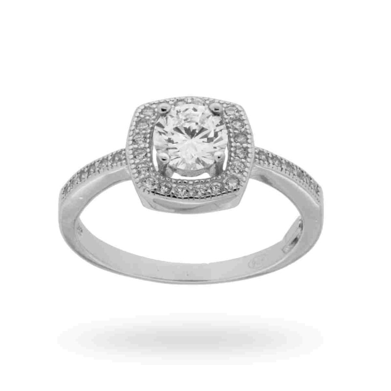 ANELLO SOLITARIO QUADRATO CON ZIRCONE TONDO BIANCO MM 5 IN ARGENTO 925 RODIATO